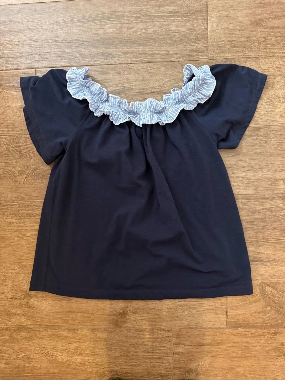 Kate Spade Off-the-Shoulder Ruffle Top in Navy and Light Blue